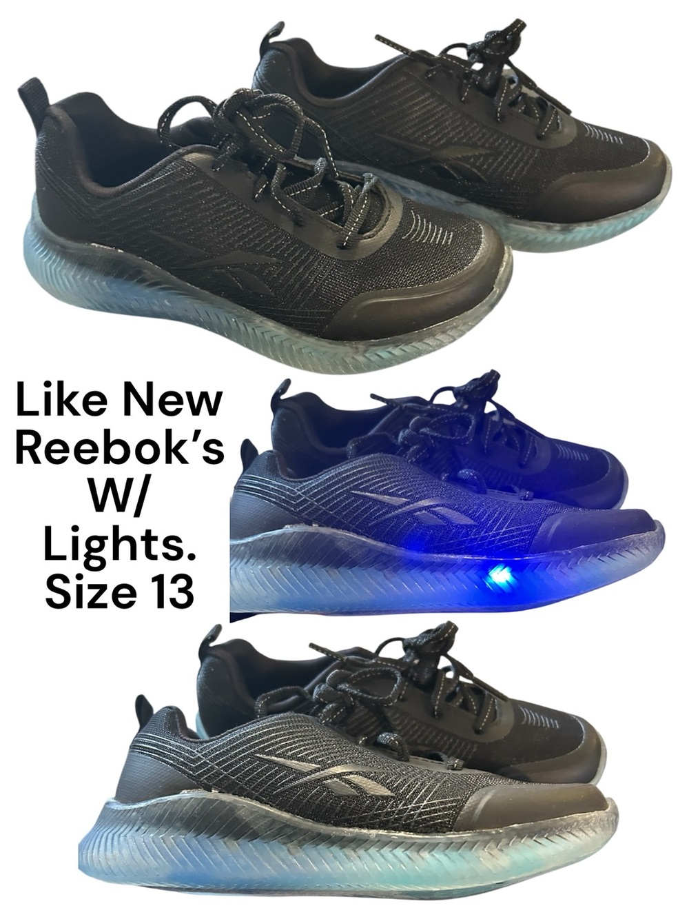Reebok Girl’s Black Sneakers with Blue Light-Up Soles